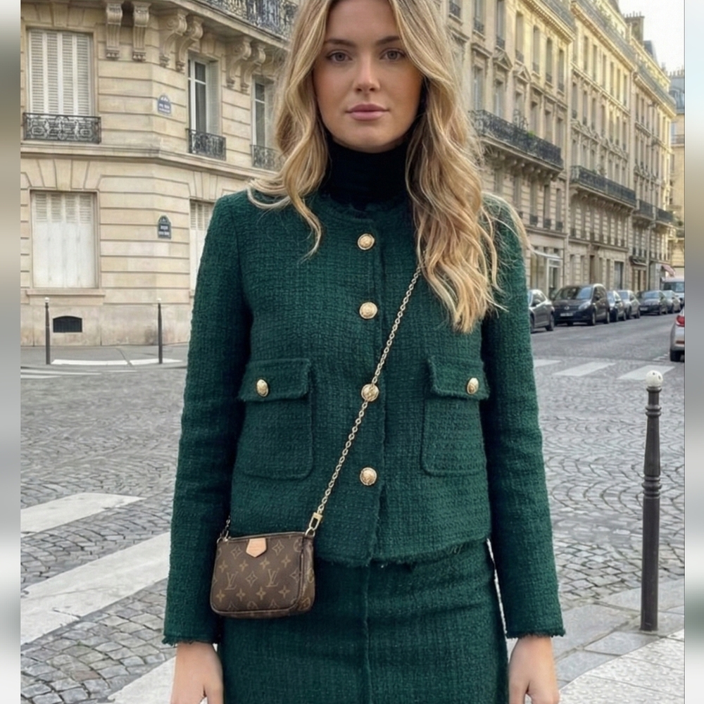 ZARA GREEN TEXTURED CARDIGAN BLAZER WITH GOLD BUTTONS Size Xs